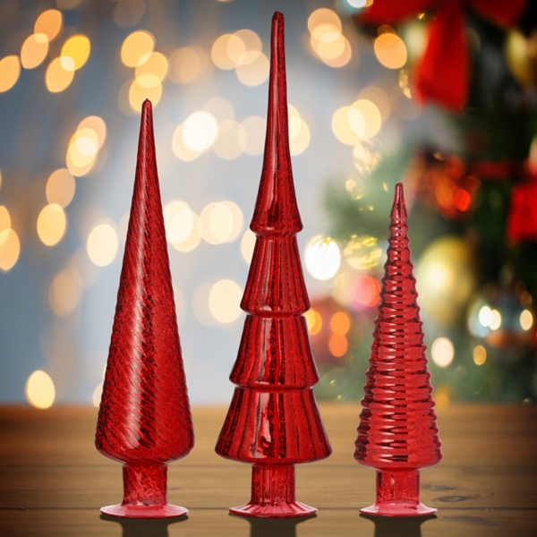 Red Mercury Glass Christmas Trees, Set of 3