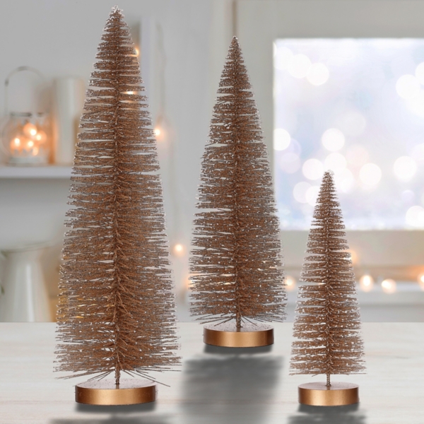 Snowy Bronze Bristle Christmas Trees, Set of 3