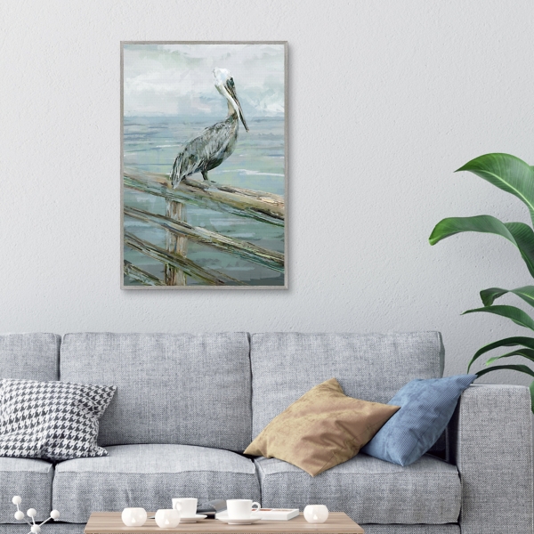 Pierside Pelican Framed Canvas Art Print