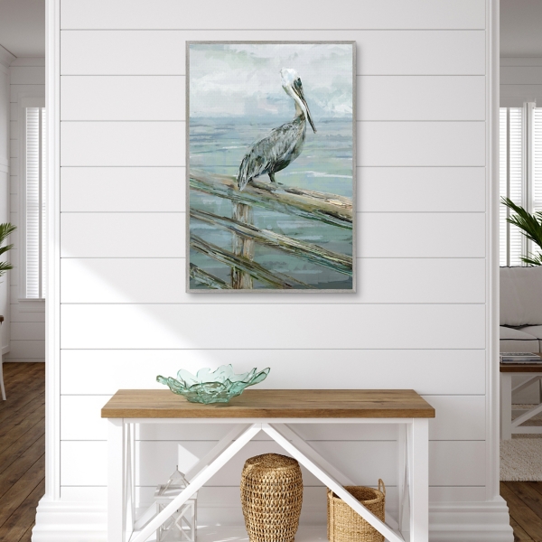 Pierside Pelican Framed Canvas Art Print