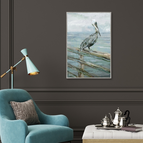 Pierside Pelican Framed Canvas Art Print