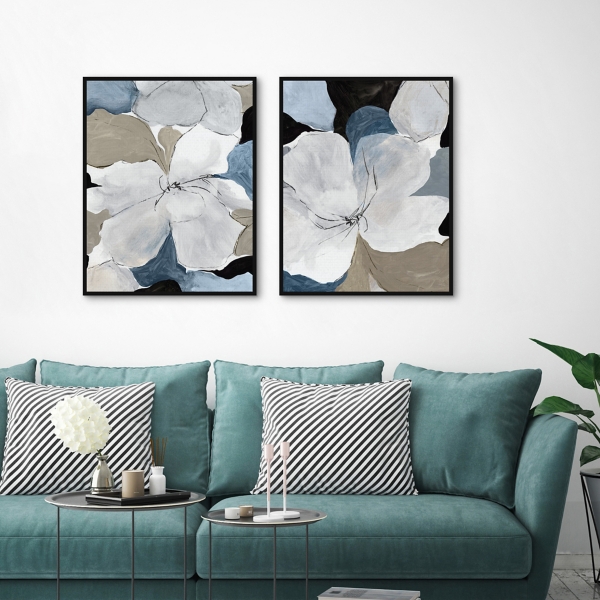 Gray Flowers Framed Canvas Art Prints, Set of 2