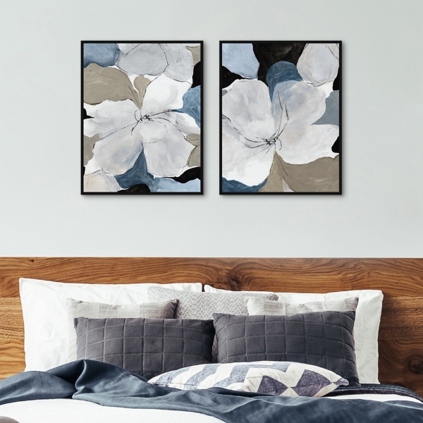 Gray Flowers Framed Canvas Art Prints, Set of 2