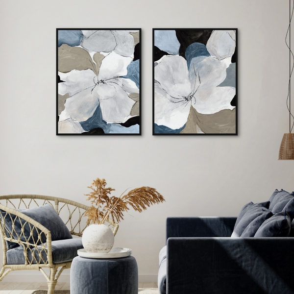 Gray Flowers Framed Canvas Art Prints, Set of 2