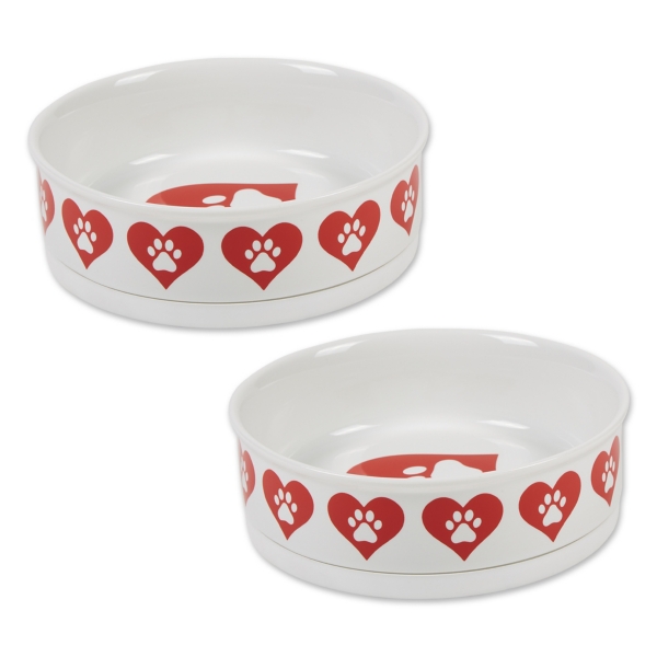 Large Red Heart & Paw Ceramic Pet Bowls, Set of 2