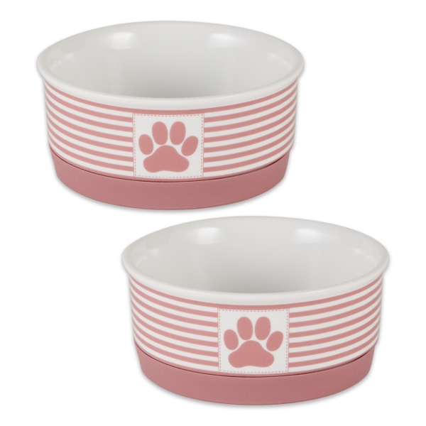 Small Pink Paw Stripe Ceramic Pet Bowls, Set of 2 Kirklands Home