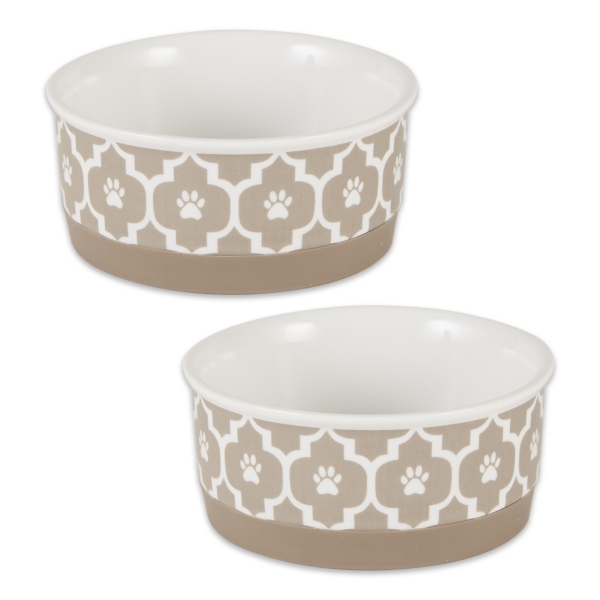 Small Taupe Lattice Ceramic Pet Bowls, Set of 2