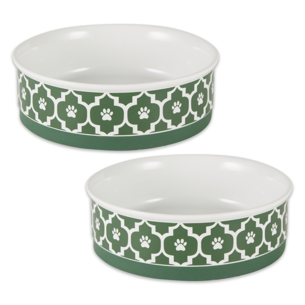 Large Green Lattice Ceramic Pet Bowls, Set of 2