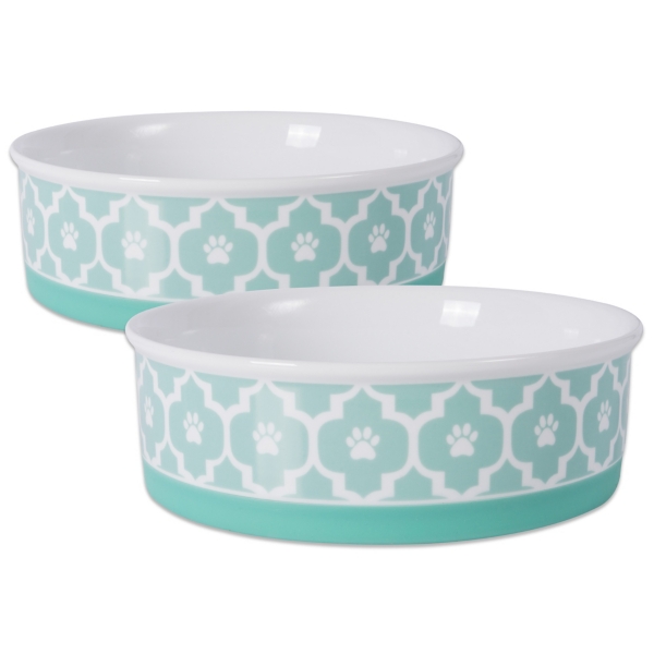 Large Aqua Lattice Ceramic Pet Bowls, Set of 2