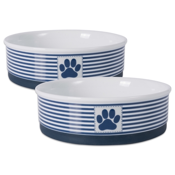 Large Blue Paw Stripe Ceramic Pet Bowls, Set of 2 Kirklands Home