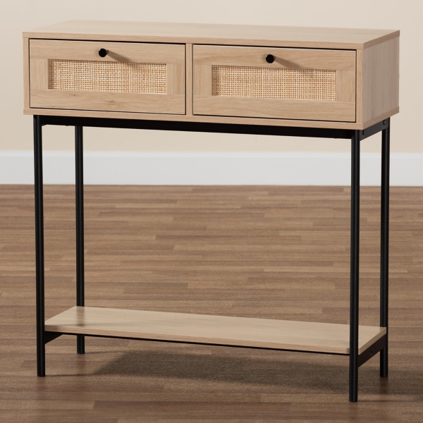 Natural Woven Rattan 2-Drawer Console Table