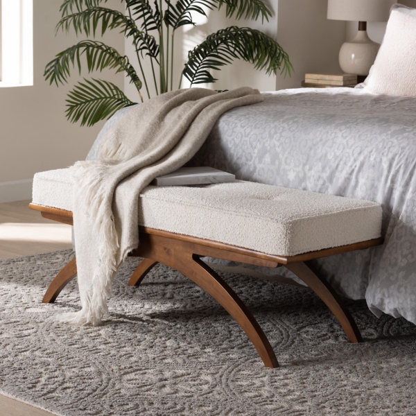 Mid-Century Modern White Boucle Crescent Bench