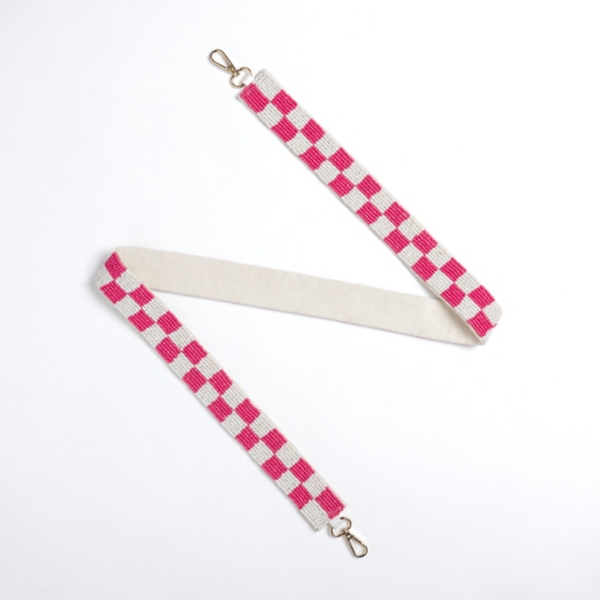 Pink and White Check Beaded Purse Strap