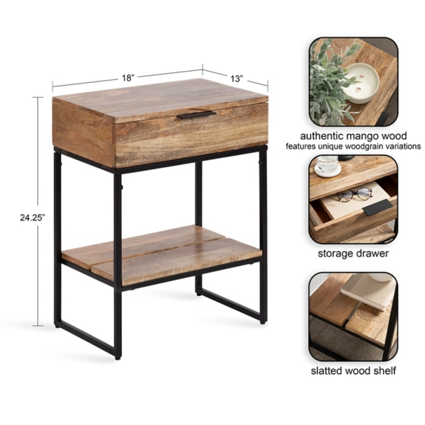 Natural Wood Black Metal Accent Table