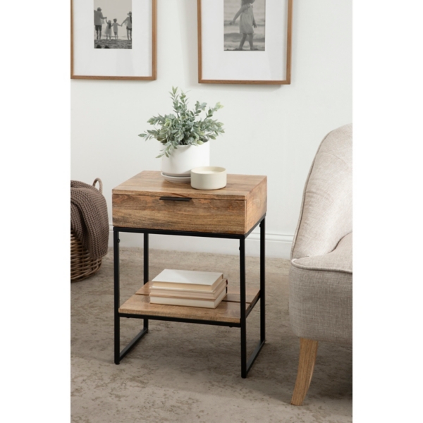 Natural Wood Black Metal Accent Table