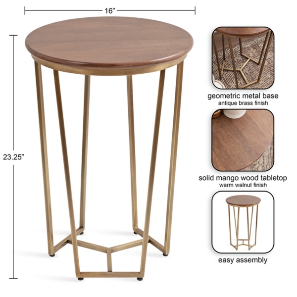 Geometric Brass Walnut Accent Table