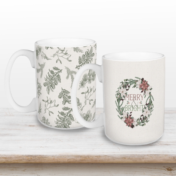 Merry & Bright Wreath Christmas Mugs, Set of 2