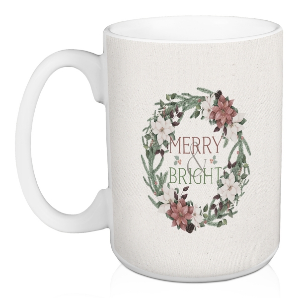 Merry & Bright Wreath Christmas Mugs, Set of 2