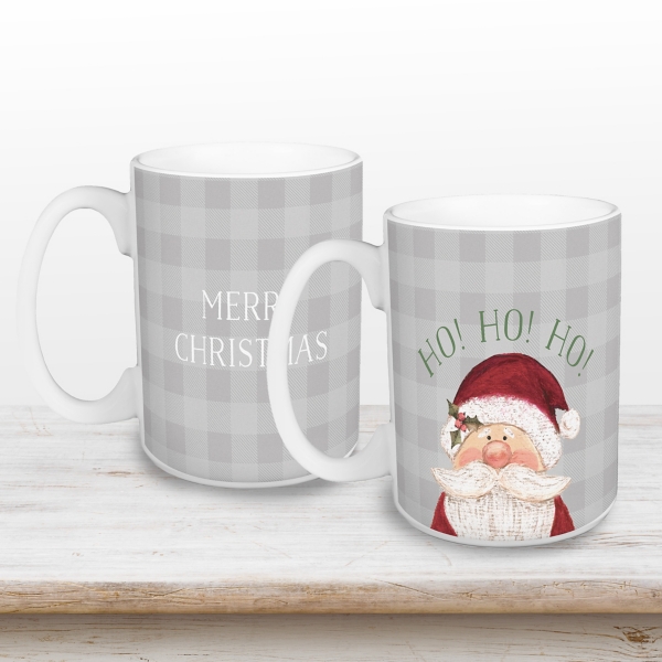 Ho Ho Ho Santa Checkered Christmas Mugs, Set of 2