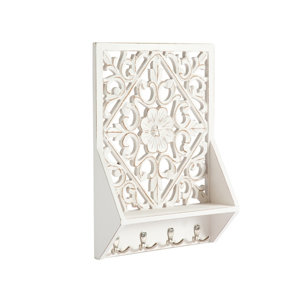 Distressed White Floral Carved Wall Shelf