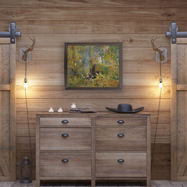 Dogs in Woods Framed Art Print