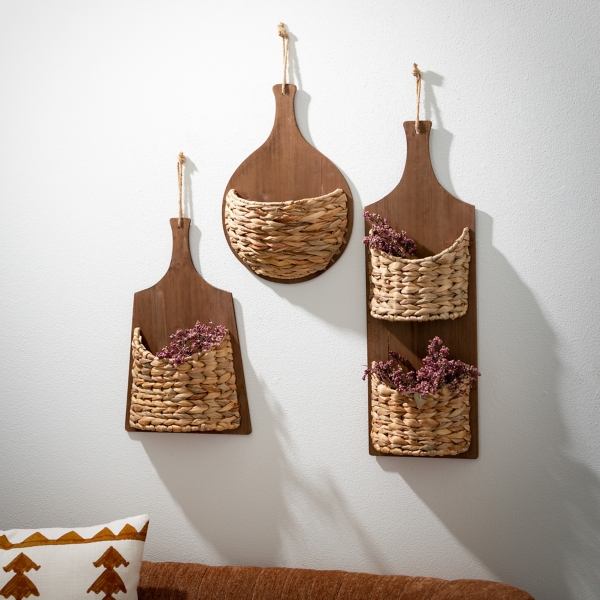 Wood and Seagrass Wall Baskets, Set of 2