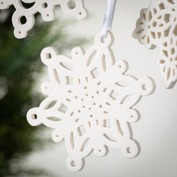 White Ceramic Snowflake Ornaments, Set of 3