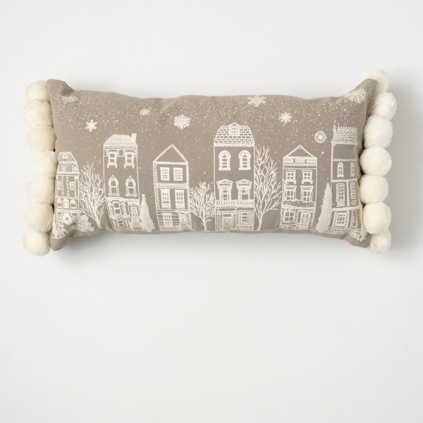 Gray Christmas Village Lumbar Pillow