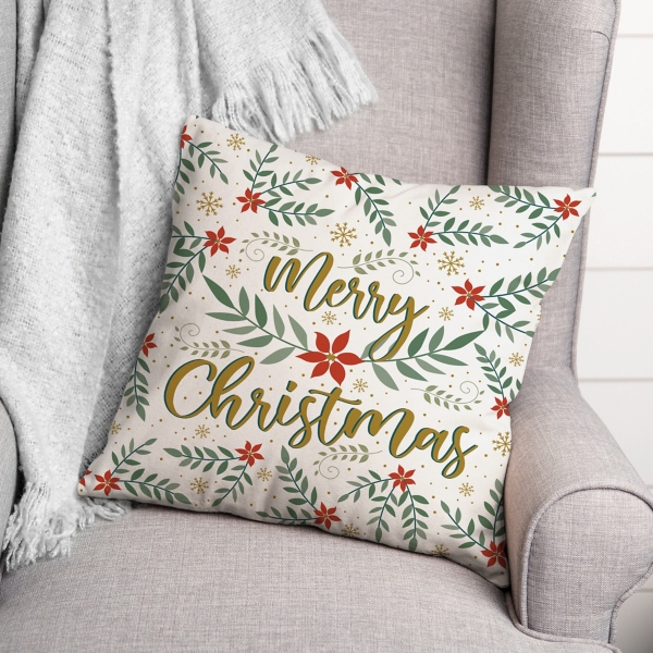Merry Christmas Poinsettia Pillow