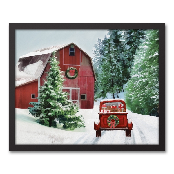 Snowy Red Barn Black Framed Canvas Art Print