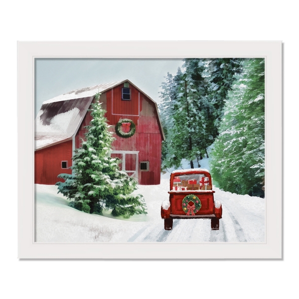 Snowy Red Barn White Framed Canvas Art Print | Kirklands Home