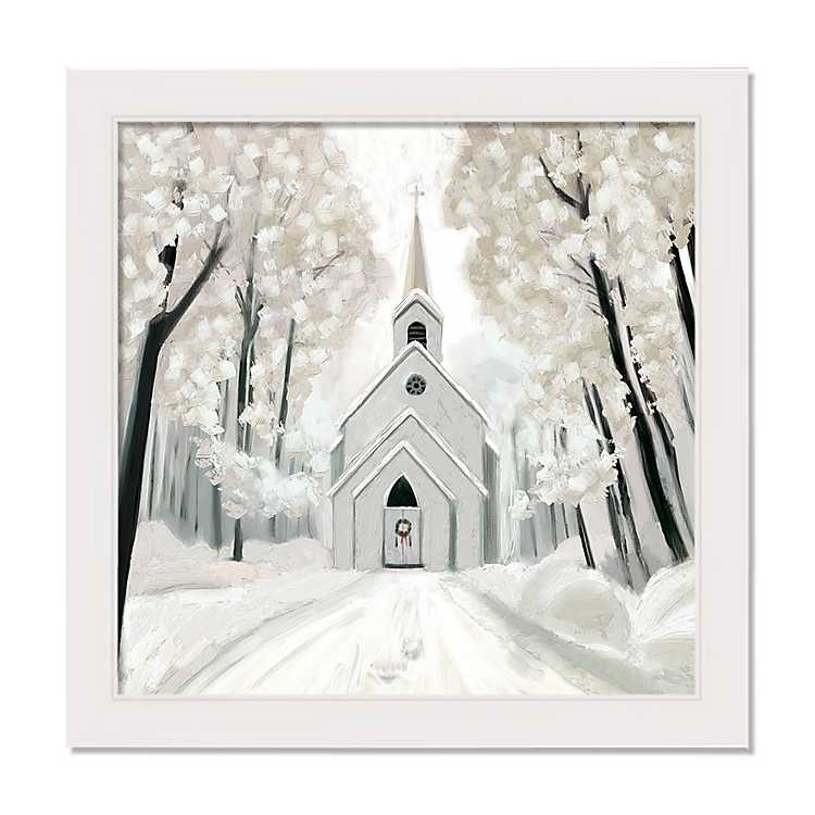 Snowy Church White Framed Canvas Art Print | Kirklands Home