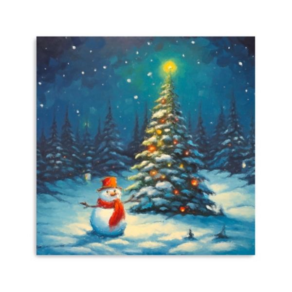 Christmas Tree and Snowman Canvas Art Print