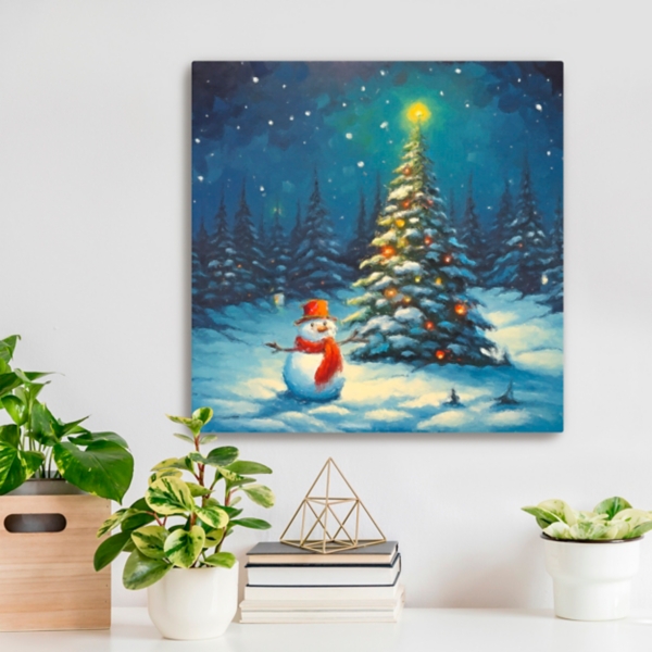Christmas Tree and Snowman Canvas Art Print
