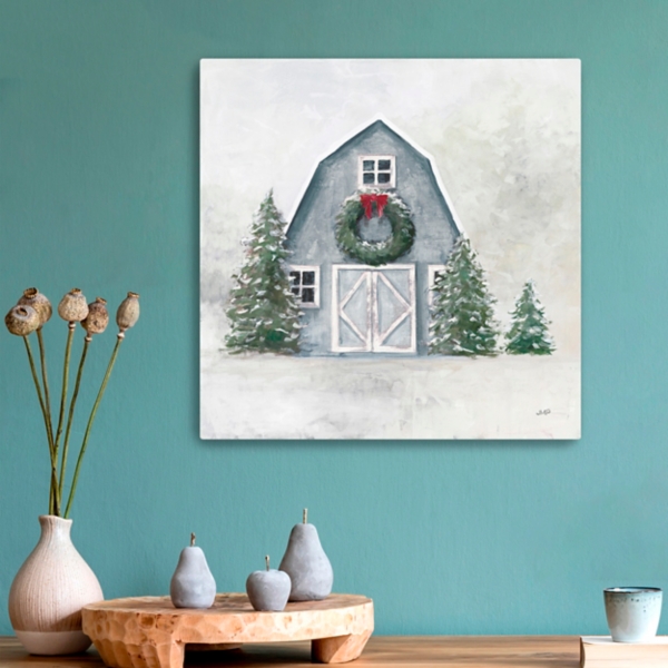 Blue Barn in Winter Canvas Art Print