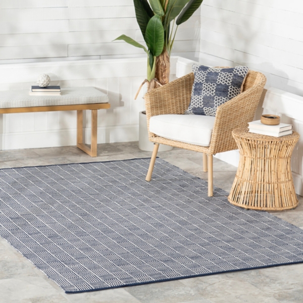 Blue & Ivory Checkered Indoor/Outdoor Rug, 5x8