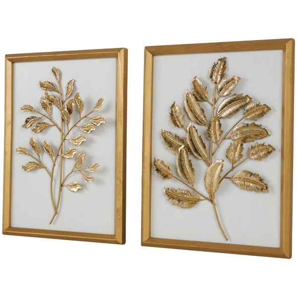 Gold Metal Leaves Framed Wall Plaques, Set of 2
