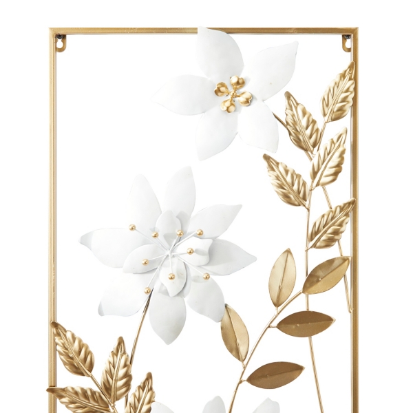 Gold and White Metal Floral Wall Plaques, Set of 2