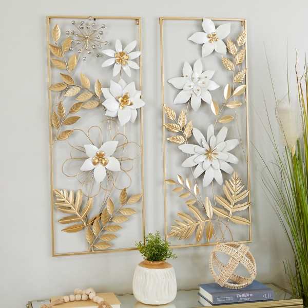 Gold and White Metal Floral Wall Plaques, Set of 2