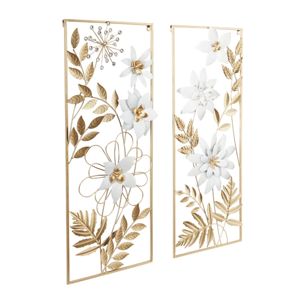 Gold and White Metal Floral Wall Plaques, Set of 2