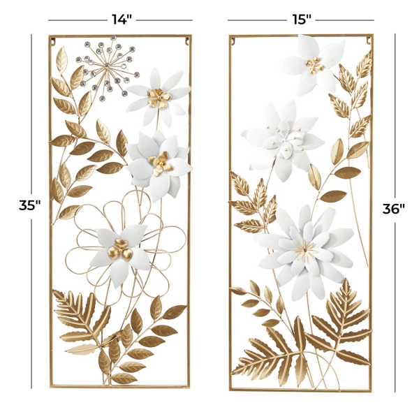 Gold and White Metal Floral Wall Plaques, Set of 2