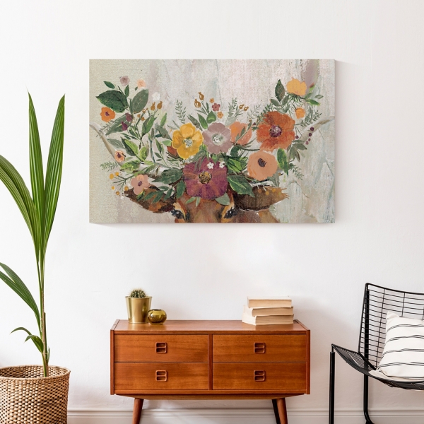Floral Steer Horns Canvas Art Print