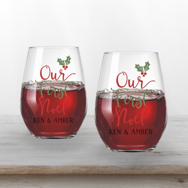 Personalized Our First Noel Wine Glasses, Set of 2