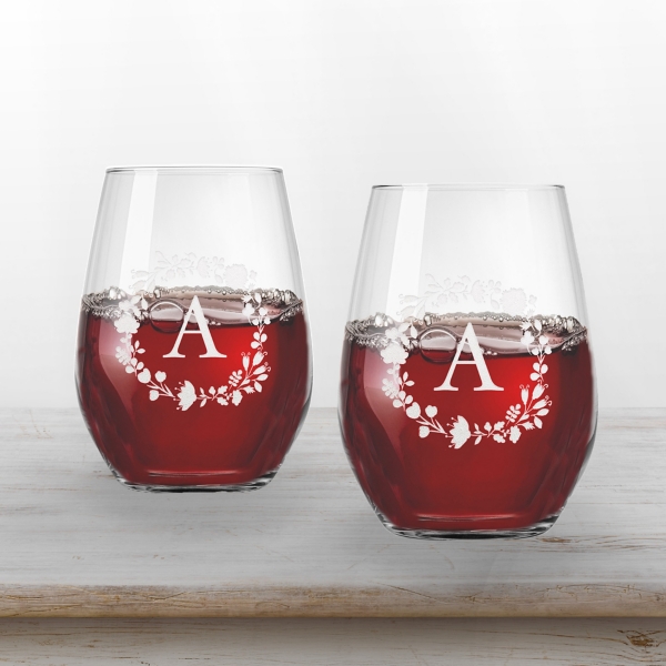 Personalized Floral Wreath Wine Glasses, Set of 2