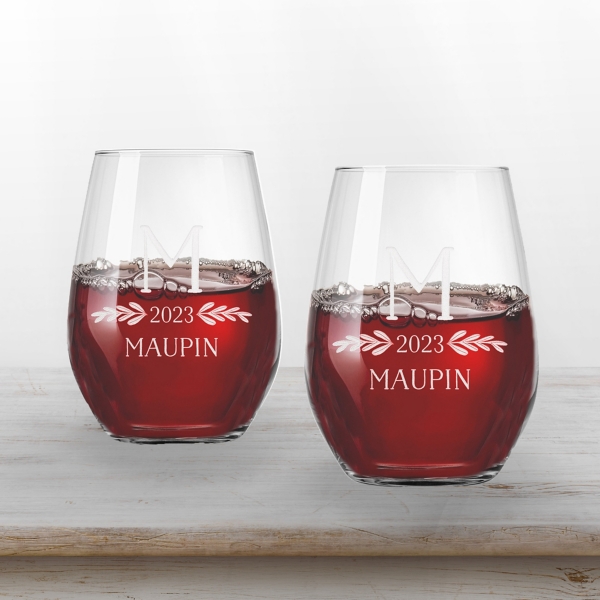 Personalized Leafy Monogram Wine Glasses, Set of 2