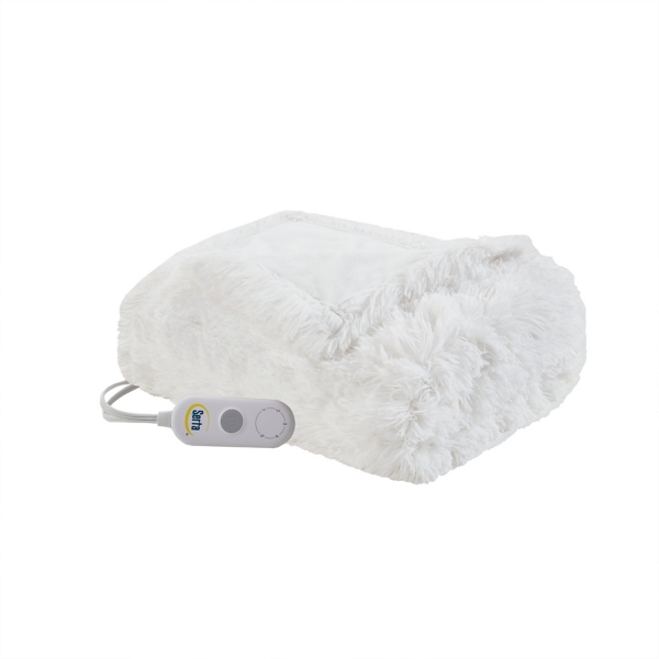 Serta White Shaggy Faux Fur Heated Throw