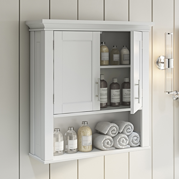 White Wood 2-Door Open Shelf Wall Cabinet