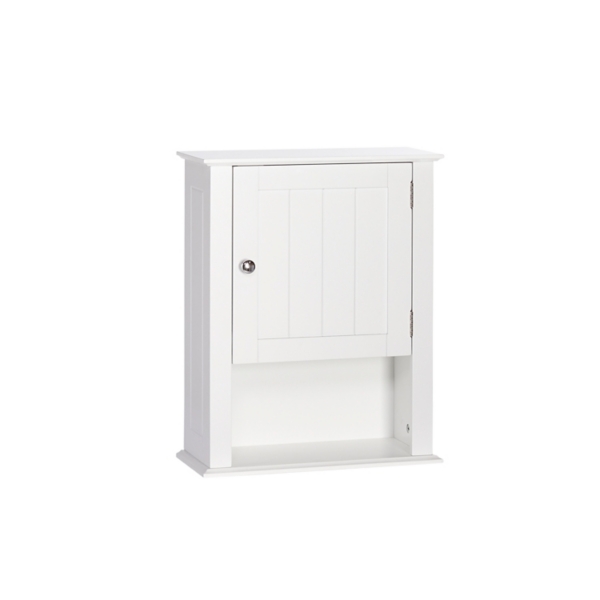 White Wood Single Door Open Shelf Wall Cabinet