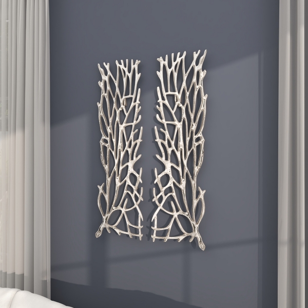 Silver Metal Coral Panel Wall Plaques, Set of 2
