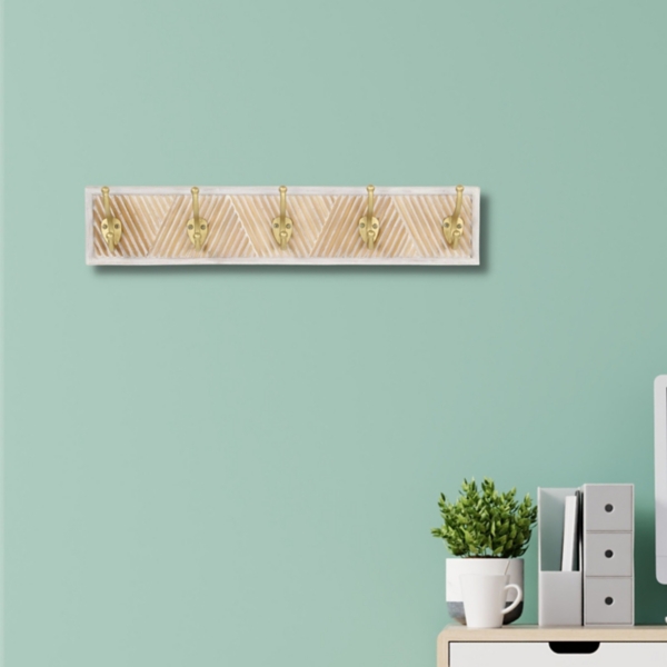 Gold Hooks Wood Wall Coat Rack